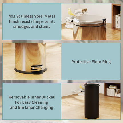 30L Foot Pedal Bin Stainless Steel Kitchen Waste Rubbish Lid - Black & Silver