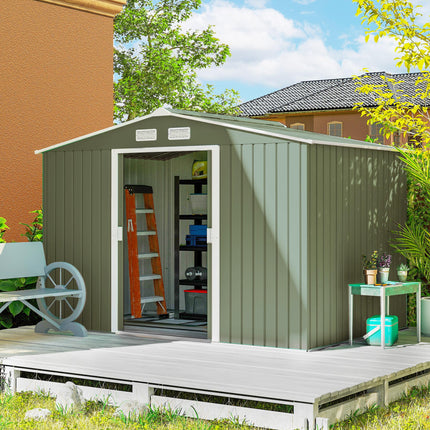 9 x 6ft Metal Garden Storage Shed with Lockable Double Doors & Foundation Kit - Light Green