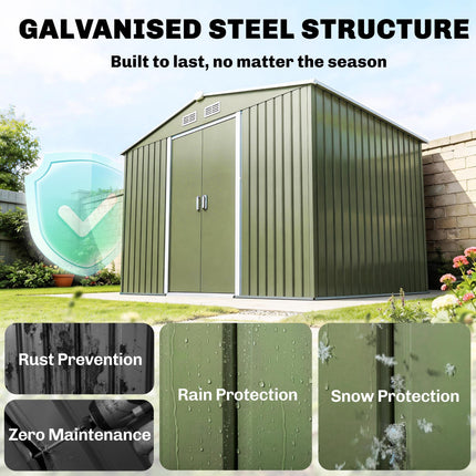 9 x 6ft Metal Garden Storage Shed with Lockable Double Doors & Foundation Kit - Light Green