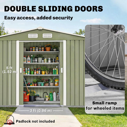 9 x 6ft Metal Garden Storage Shed with Lockable Double Doors & Foundation Kit - Light Green