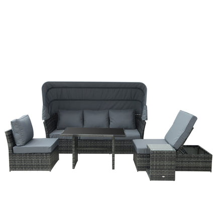 5 PCS Outdoor Rattan Wicker Sofa Sets Reclining Sofa Adjustable Canopy & Side Ta