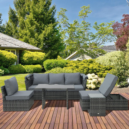 5 PCS Outdoor Rattan Wicker Sofa Sets Reclining Sofa Adjustable Canopy & Side Ta