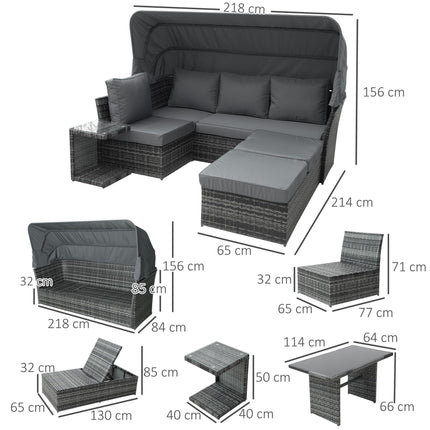 5 PCS Outdoor Rattan Wicker Sofa Sets Reclining Sofa Adjustable Canopy & Side Ta