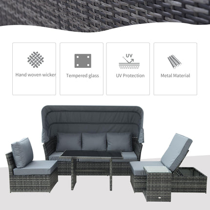 5 PCS Outdoor Rattan Wicker Sofa Sets Reclining Sofa Adjustable Canopy & Side Ta