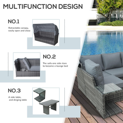 5 PCS Outdoor Rattan Wicker Sofa Sets Reclining Sofa Adjustable Canopy & Side Ta