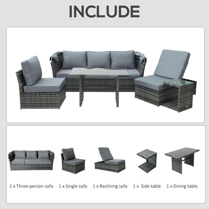 5 PCS Outdoor Rattan Wicker Sofa Sets Reclining Sofa Adjustable Canopy & Side Ta