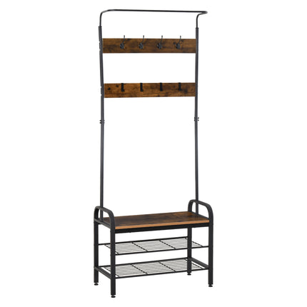 Industrial Coat Rack Stand with Removable Hooks & Shoe Rack 72L x 34W x 185H cm - Rustic Brown