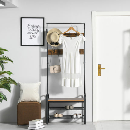 Industrial Coat Rack Stand with Removable Hooks & Shoe Rack 72L x 34W x 185H cm - Rustic Brown