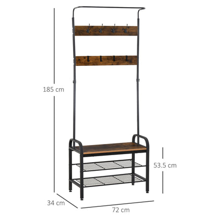 Industrial Coat Rack Stand with Removable Hooks & Shoe Rack 72L x 34W x 185H cm - Rustic Brown