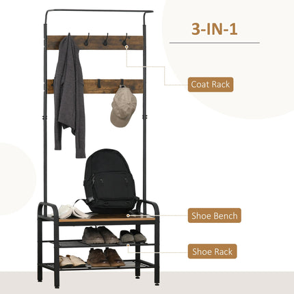 Industrial Coat Rack Stand with Removable Hooks & Shoe Rack 72L x 34W x 185H cm - Rustic Brown