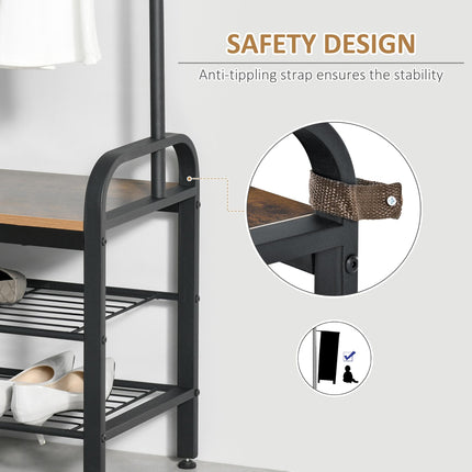 Industrial Coat Rack Stand with Removable Hooks & Shoe Rack 72L x 34W x 185H cm - Rustic Brown