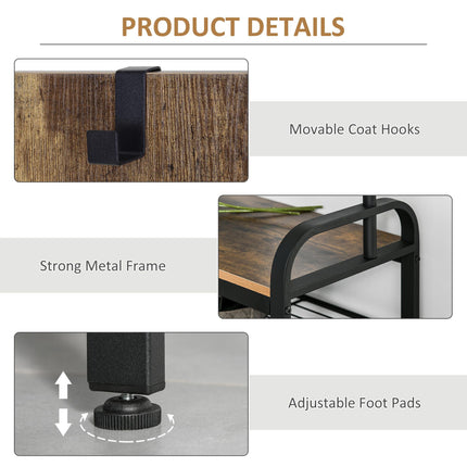 Industrial Coat Rack Stand with Removable Hooks & Shoe Rack 72L x 34W x 185H cm - Rustic Brown