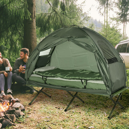 1 Person Foldable Camping Tent Set with Sleeping Bag, Air Mattress & Pillow - Green