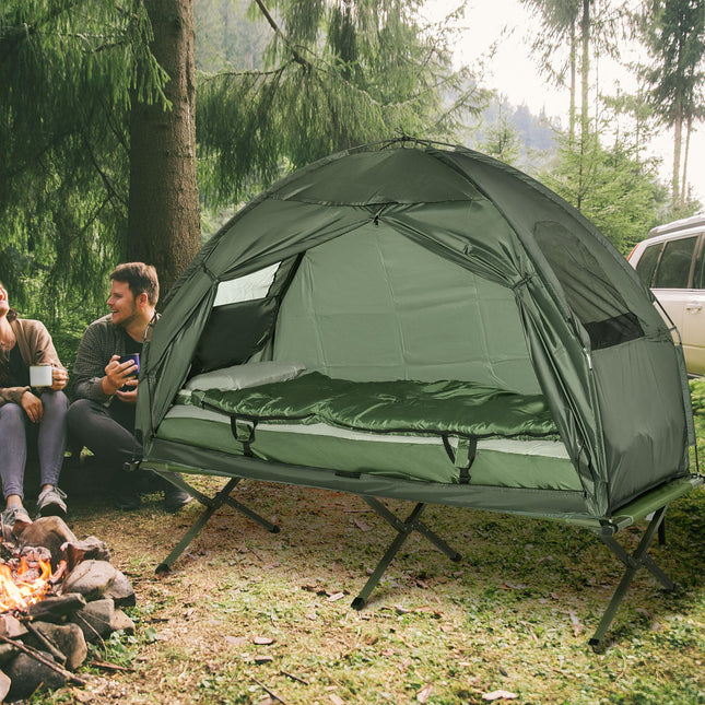 1 Person Foldable Camping Tent Set with Sleeping Bag, Air Mattress & Pillow - Green