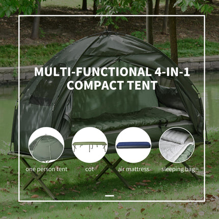 1 Person Foldable Camping Tent Set with Sleeping Bag, Air Mattress & Pillow - Green