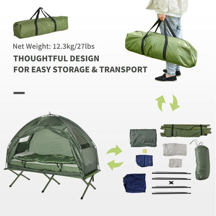 1 Person Foldable Camping Tent Set with Sleeping Bag, Air Mattress & Pillow - Green