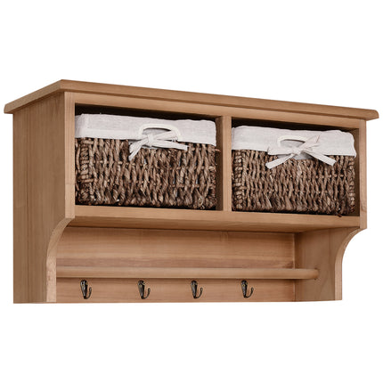 Wall Mounted Entryway Coat Rack with 2 Wicker Baskets and Hooks - Brown