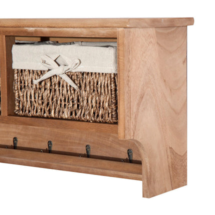 Wall Mounted Entryway Coat Rack with 2 Wicker Baskets and Hooks - Brown