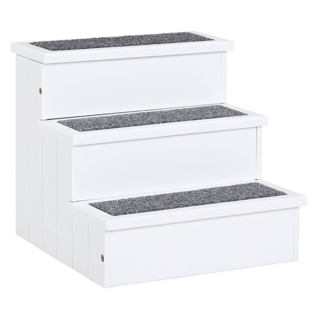 3 Step Wooden Carpeted Pet Stairs for Cats & Small Dogs with Non-Slip Carpet - White