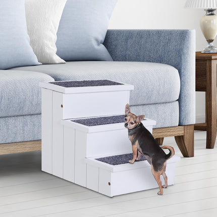 3 Step Wooden Carpeted Pet Stairs for Cats & Small Dogs with Non-Slip Carpet - White