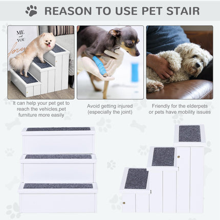 3 Step Wooden Carpeted Pet Stairs for Cats & Small Dogs with Non-Slip Carpet - White