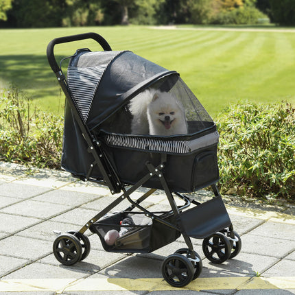 Foldable Pet Stroller Pushchair with Reversible Handle, Brake & Basket for Small Dogs and Cats - Black