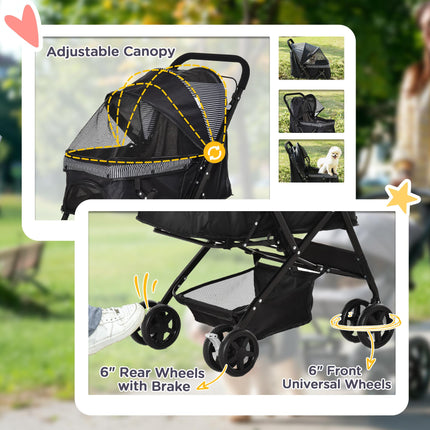 Foldable Pet Stroller Pushchair with Reversible Handle, Brake & Basket for Small Dogs and Cats - Black