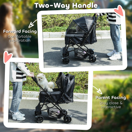 Foldable Pet Stroller Pushchair with Reversible Handle, Brake & Basket for Small Dogs and Cats - Black
