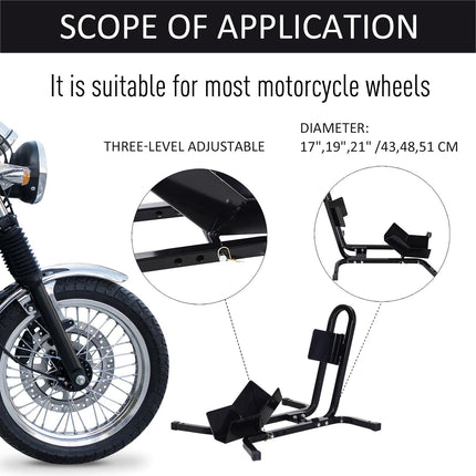 Adjustable Metal Motorcycle Wheel Chock Stand for 17”, 19”, 21” Front Wheels - Black
