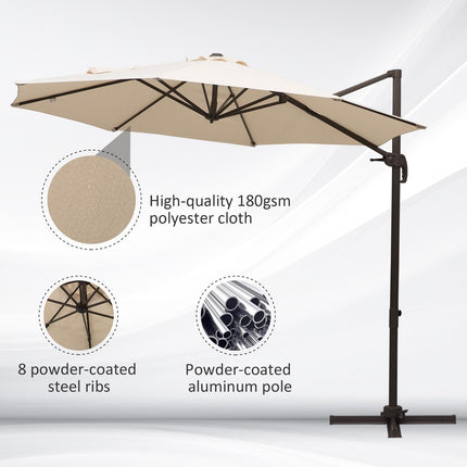 3M Banana Hanging Cantilever Parasol with Cross Base 3M 360° Rotation Hand Crank Aluminium Frame - Beige