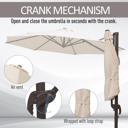 3M Banana Hanging Cantilever Parasol with Cross Base 3M 360° Rotation Hand Crank Aluminium Frame - Beige