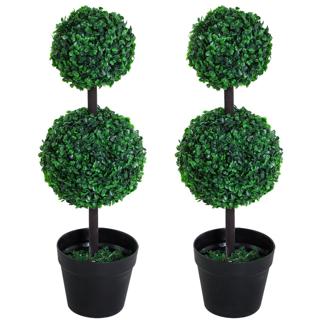Set of 2 Artificial Boxwood Topiary Trees with Weighted Pots - Green