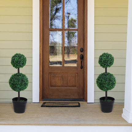 Set of 2 Artificial Boxwood Topiary Trees with Weighted Pots - Green