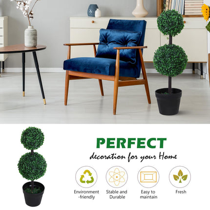 Set of 2 Artificial Boxwood Topiary Trees with Weighted Pots - Green