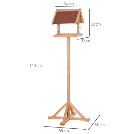 Wooden Freestanding Bird Feeder Table 55x55x144cm with Weather-Resistant Roof and Cross Support Feet - Natural