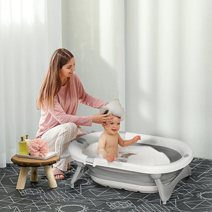 Foldable Baby Bathtub Set with Thermostatic Water Plug, Non-Slip Support & Cushion Pad for Newborn to 3 Years - Offwhite