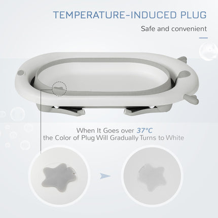 Foldable Baby Bathtub Set with Thermostatic Water Plug, Non-Slip Support & Cushion Pad for Newborn to 3 Years - Offwhite