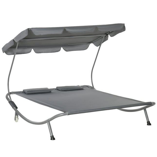 Patio Double Hammock Sun Lounger with Canopy and Wheels - Grey