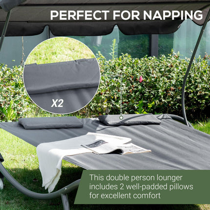 Patio Double Hammock Sun Lounger with Canopy and Wheels - Grey