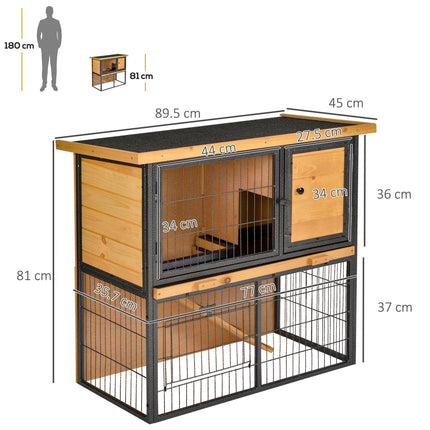 Wood-Metal Elevated Rabbit Hutch with Slide-Out Tray, Lockable Doors & Asphalt Roof - Light Yellow Black