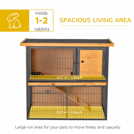 Wood-Metal Elevated Rabbit Hutch with Slide-Out Tray, Lockable Doors & Asphalt Roof - Light Yellow Black