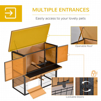 Wood-Metal Elevated Rabbit Hutch with Slide-Out Tray, Lockable Doors & Asphalt Roof - Light Yellow Black