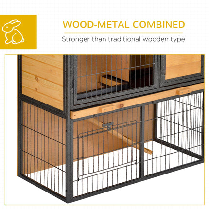 Wood-Metal Elevated Rabbit Hutch with Slide-Out Tray, Lockable Doors & Asphalt Roof - Light Yellow Black