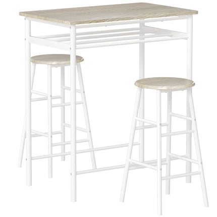 Bar Table and Stools Set with Footrest and Storage Shelf for Kitchen and Dining - White and Oak