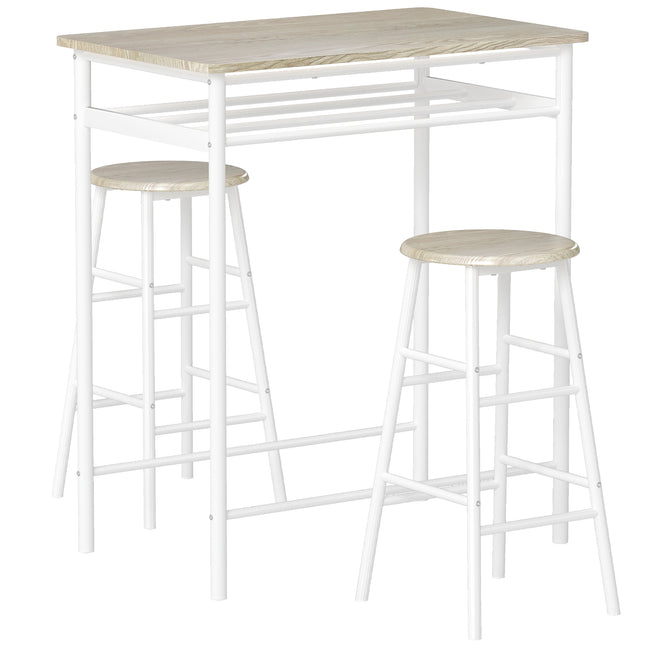 Bar Table and Stools Set with Footrest and Storage Shelf for Kitchen and Dining - White and Oak