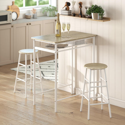 Bar Table and Stools Set with Footrest and Storage Shelf for Kitchen and Dining - White and Oak
