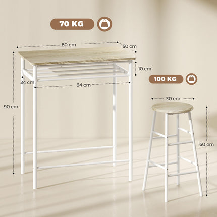 Bar Table and Stools Set with Footrest and Storage Shelf for Kitchen and Dining - White and Oak