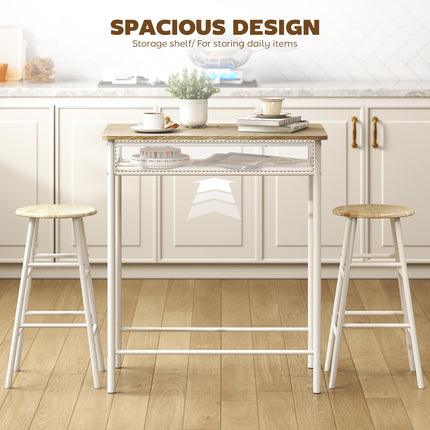 Bar Table and Stools Set with Footrest and Storage Shelf for Kitchen and Dining - White and Oak