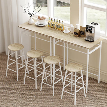 Bar Table and Stools Set with Footrest and Storage Shelf for Kitchen and Dining - White and Oak