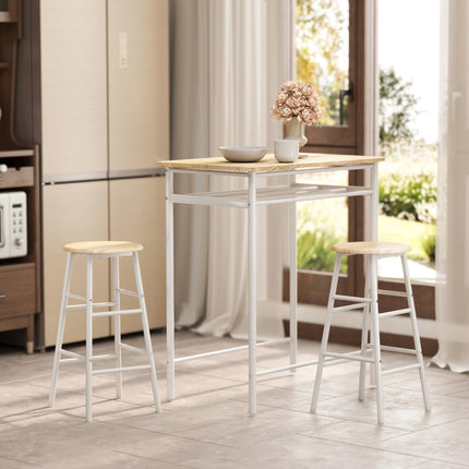 Bar Table and Stools Set with Footrest and Storage Shelf for Kitchen and Dining - White and Oak
